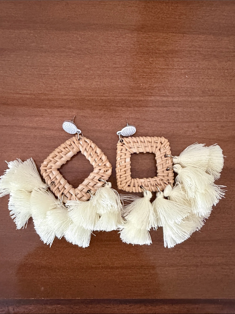 Boho Woven Square Tassel Drop Earrings - Cream
